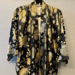 Vintage Japanese Haori Black Satin Kimono Metallic Gold Floral Best Quality